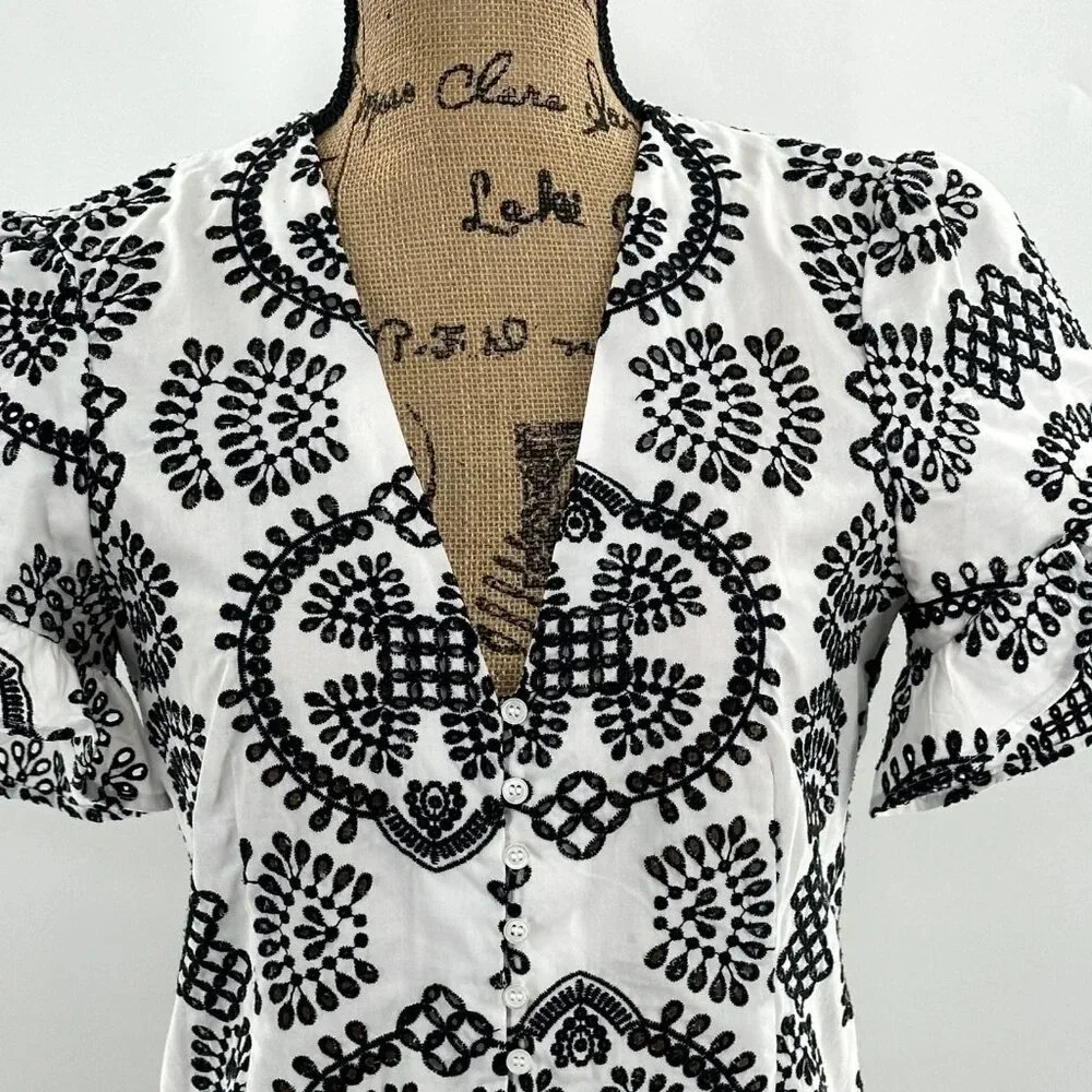 Zara Top Womens Small S‎ Embroidered Black Puff Flare Short Sleeve Blouse Boho